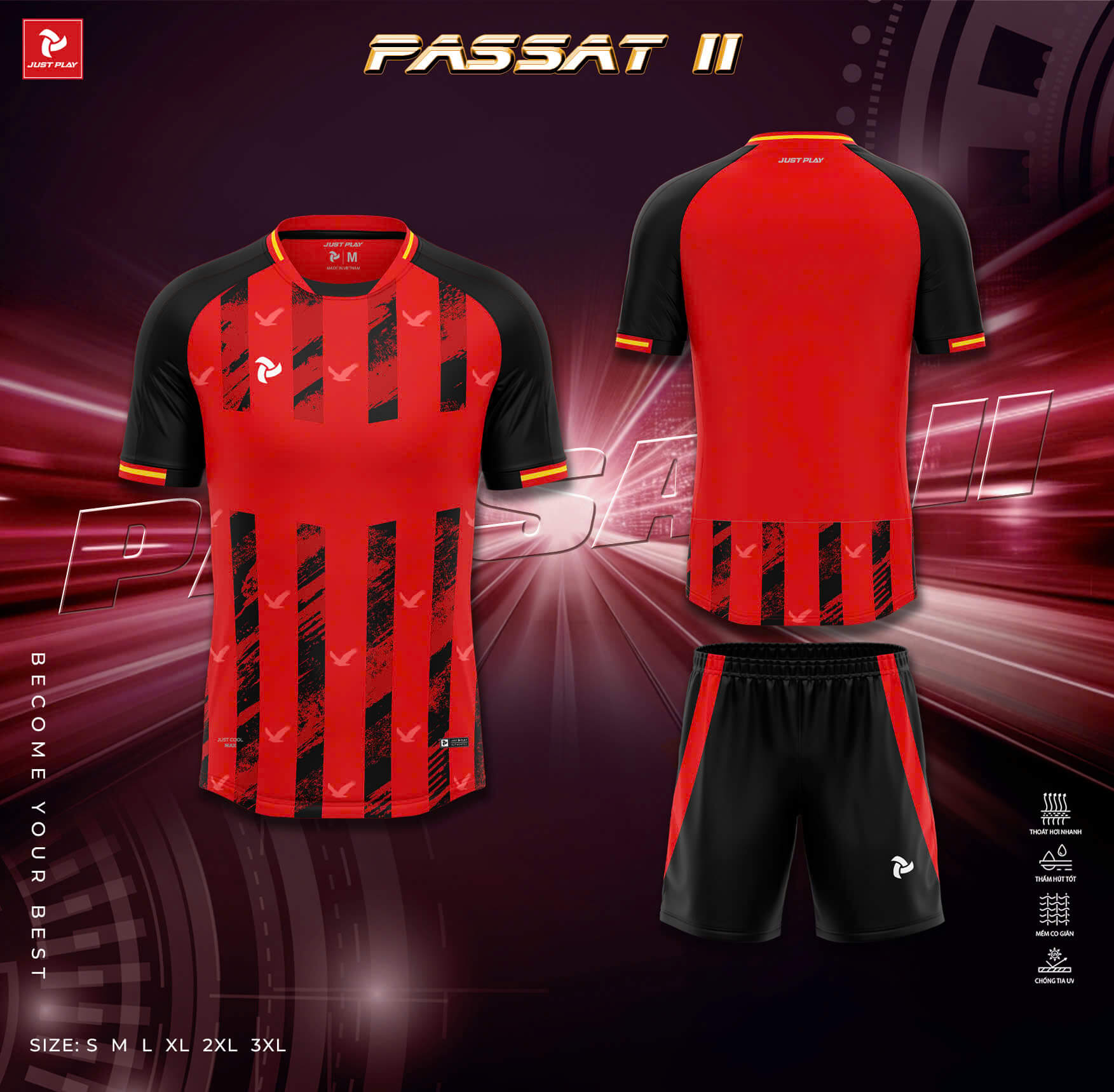 Bộ Quần Áo Bóng Đá Just Play JP PASSAT II – Màu Đỏ Đen Bộ Quần Áo Bóng Đá Just Play JP PASSAT II – Màu Đỏ Đen