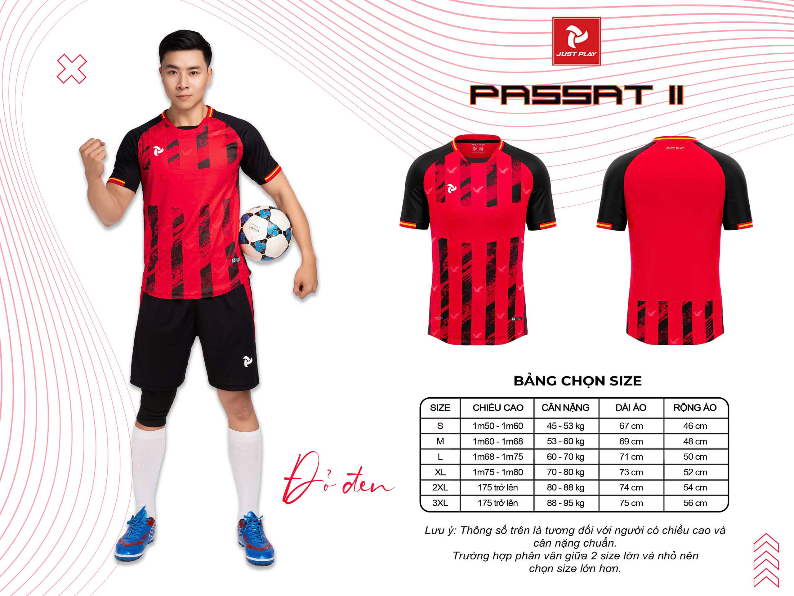 Bảng size Bộ Quần Áo Bóng Đá Just Play JP PASSAT II – Màu Đỏ Đen