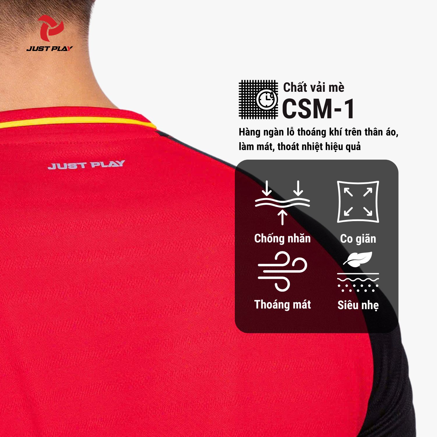 Chất vải CSM-1 thoáng mát của Bộ Quần Áo Bóng Đá Just Play PASSAT II – Màu Đỏ Đen