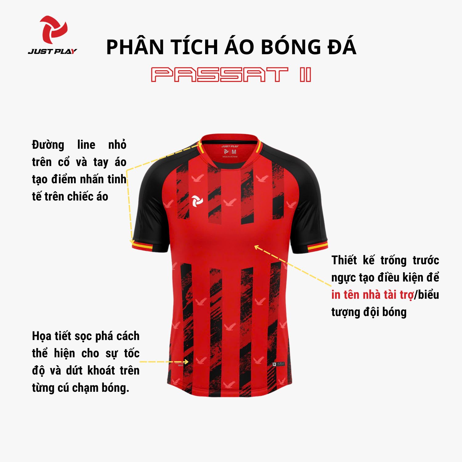 Phân tích thiết kế Bộ Quần Áo Bóng Đá Just Play PASSAT II – Màu Đỏ Đen
