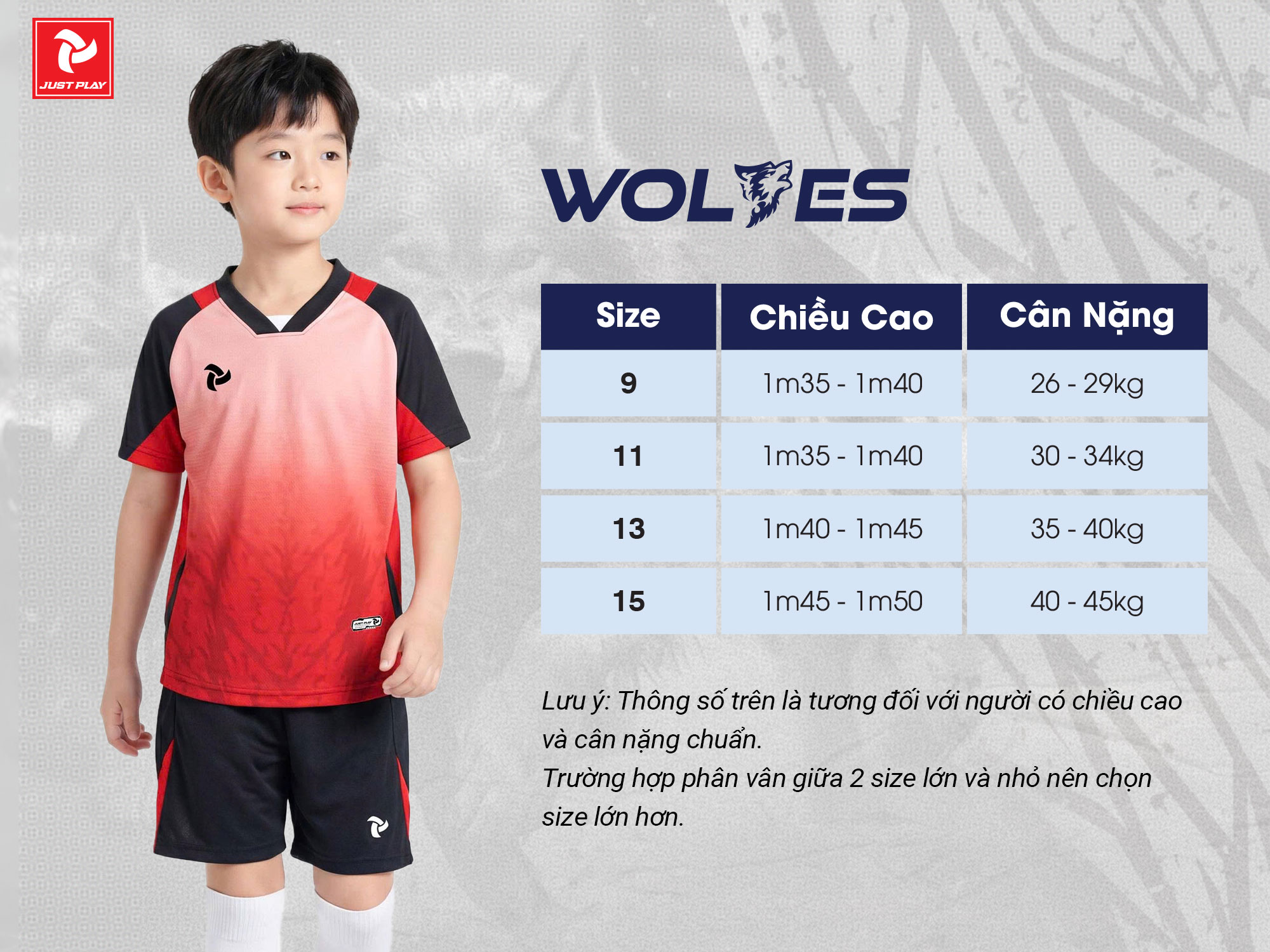 Bảng size quần áo bóng đá trẻ em